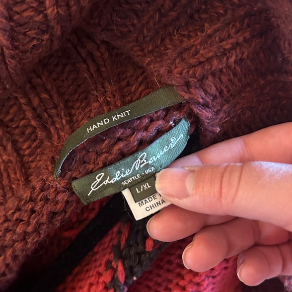 Eddie Bauer Hand Knit Wool Red and Brown Patterned Cardigan - Picture 12 of 12